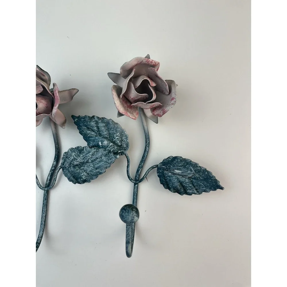 Vintage Italian Tole Rose Pink Wall Hook SET OF 2 Metal Shabby Chic Cottagecore